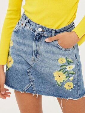 Topshop Moto Embroidered Stud Yellow Floral Denim Raw Hem High Waist Mini Skirt